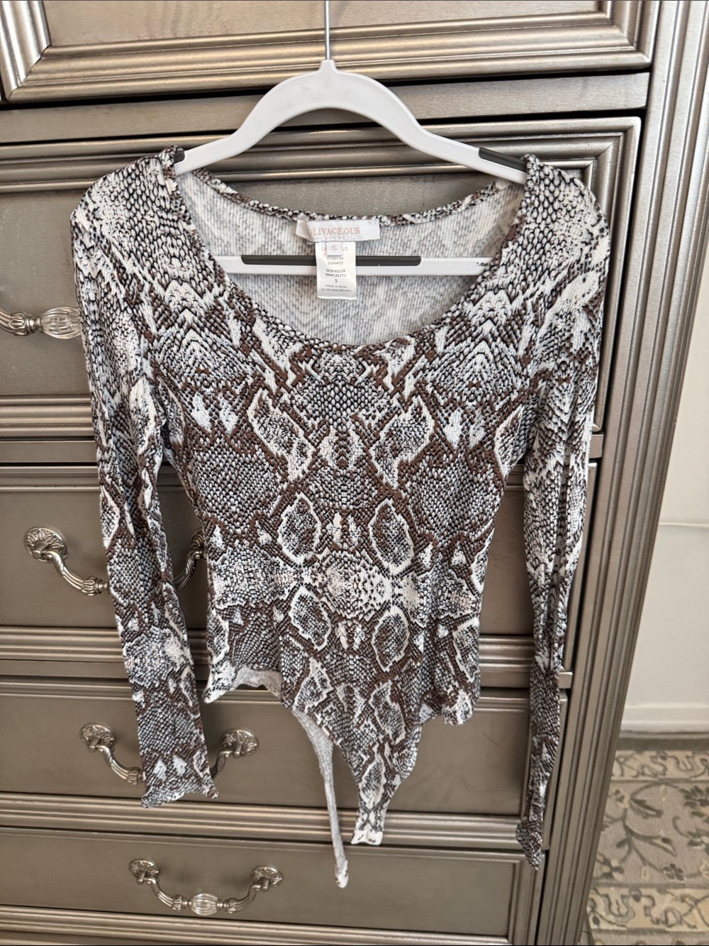 Brown Snake-Print Long-Sleeve Bodysuit